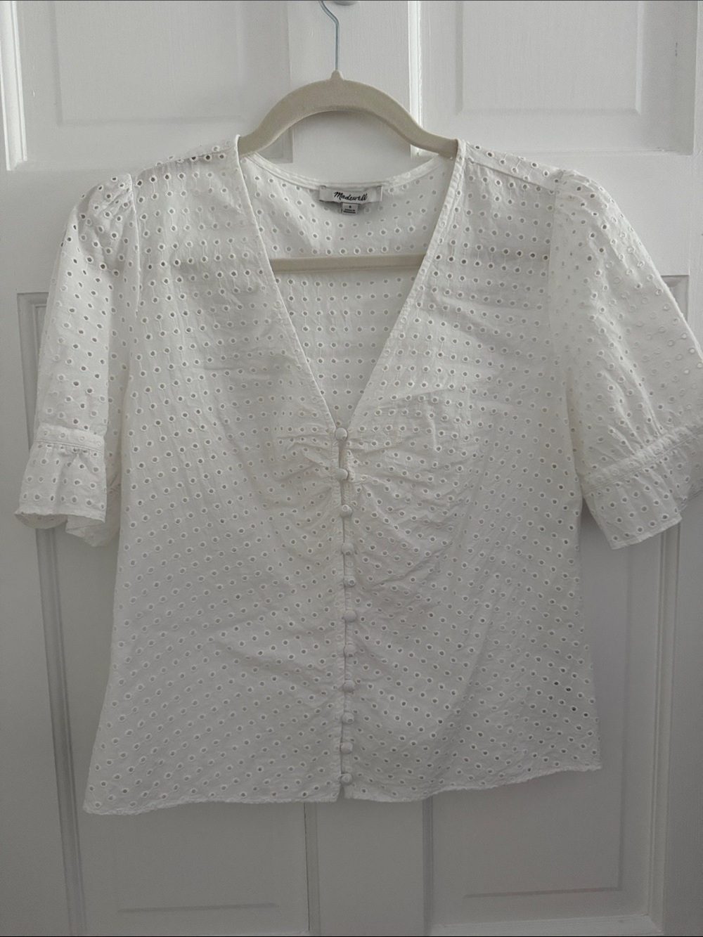 Madewell White Eyelet Button-Front Puff Sleeve Blouse